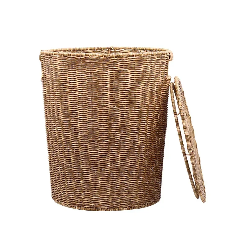 Northern Europe Office Living Room Home And Daily Waste Bin Multi Purpose Storage Rattan Barrel With Lid Basket Trash Bin