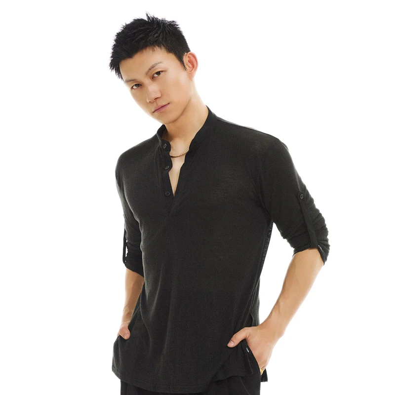 성인 룸바 볼룸 댄스 탑 남성 긴 소매 현대 댄스 탑 남성 라틴 댄스 셔츠 무대 공연 착용 SL13699