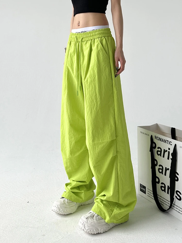 กางเกงกีฬาฟลูออเรสเซนต์สำหรับผู้หญิง ทรงลำลอง ขาตรง ช่วยให้ดูผอม สไตล์สตรีท สวมใส่สบาย เอวสูง กางเกงขายาว