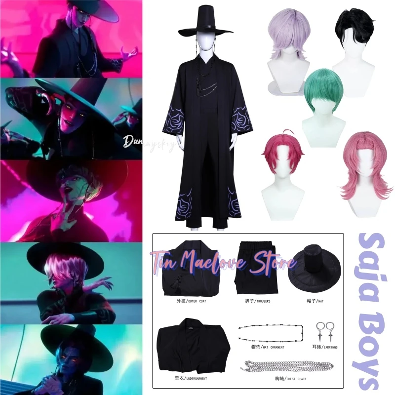 Película de Anime Demon KPOP Saja Boys Jinu disfraz de Cosplay tu ídolo batas negras traje Unisex disfraz de Halloween traje para adultos niños