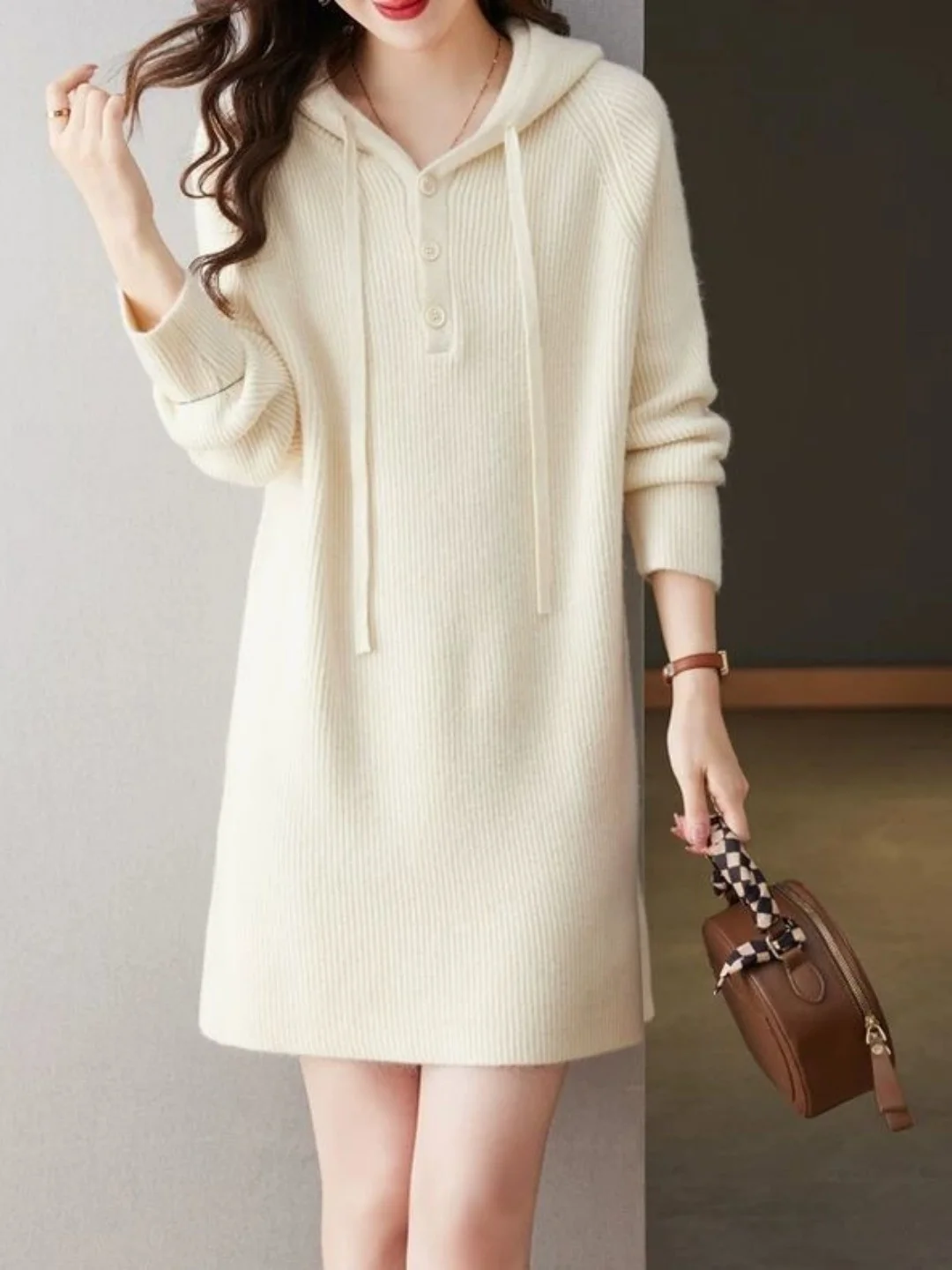 

Hooded Knitted Dr Mid-Length Base Layer Pure Color Large Size Sweater Dr Autumn Winter Anti-Aging High-End Feel Commute...