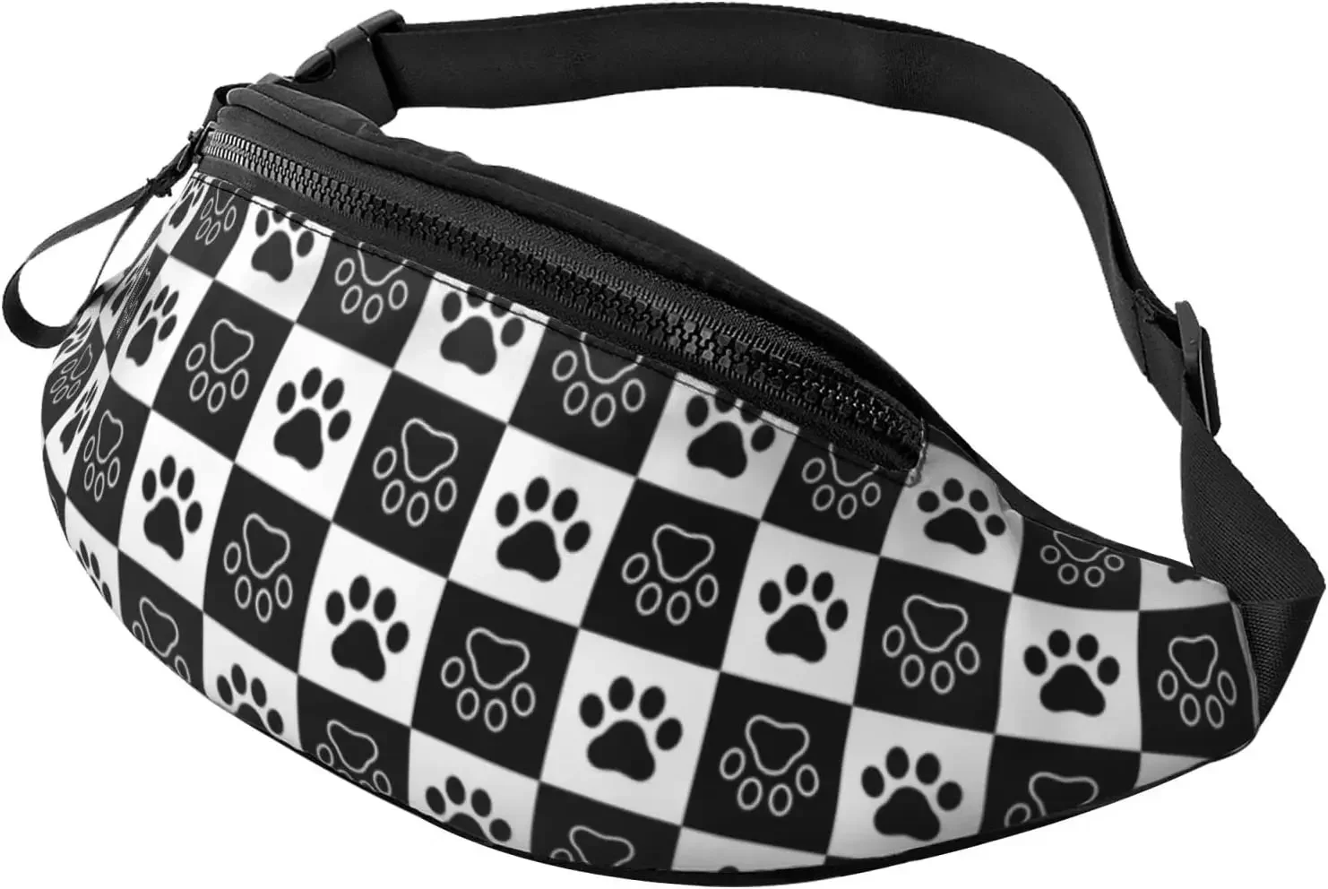 Dog Paw Black and White Plaid Fanny Packs for Women Mens Adjustable Waist Bag Crossbody Fanny Pack for Running Hiking Cycling