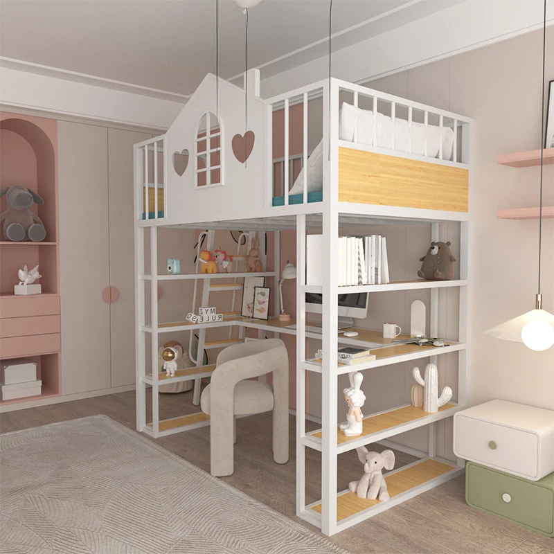 Drap de lit surélevé en fer forgé peu encombrant pour petit appartement, lit superposé supérieur, table inférieure, chambre à coucher, multifonction, vide pour enfants