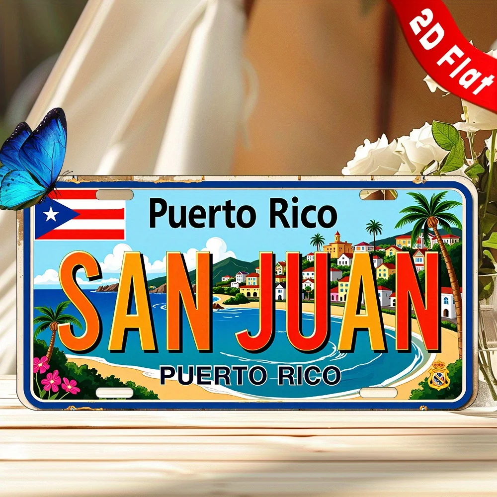 2D Flat - 1pc Vintage Puerto Rico San Juan Metal Sign - 6x12 Inch Aluminum Wall Decor with Tropical Beach Scene, Perfect for Hom