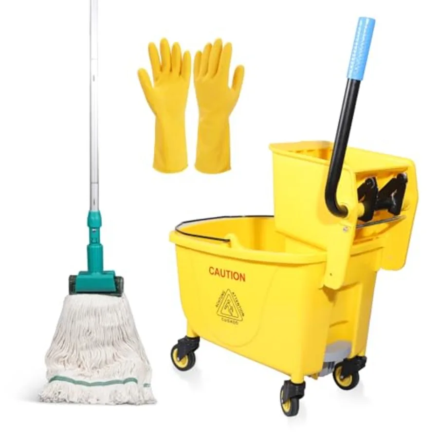 

Press Wringer Combo Commercial Rectangular Mop Bucket on Wheels 35-Quart Yellow Add One Commercial Mop and One Set Rubber Glove