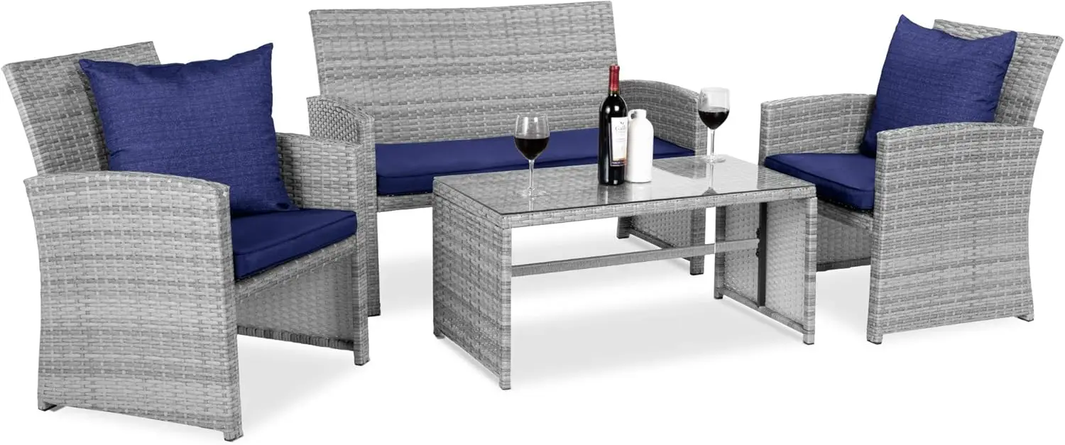

4-Piece Outdoor Wicker Patio Conversation Furniture Set for Backyard w/Coffee Table, Seat Cushions