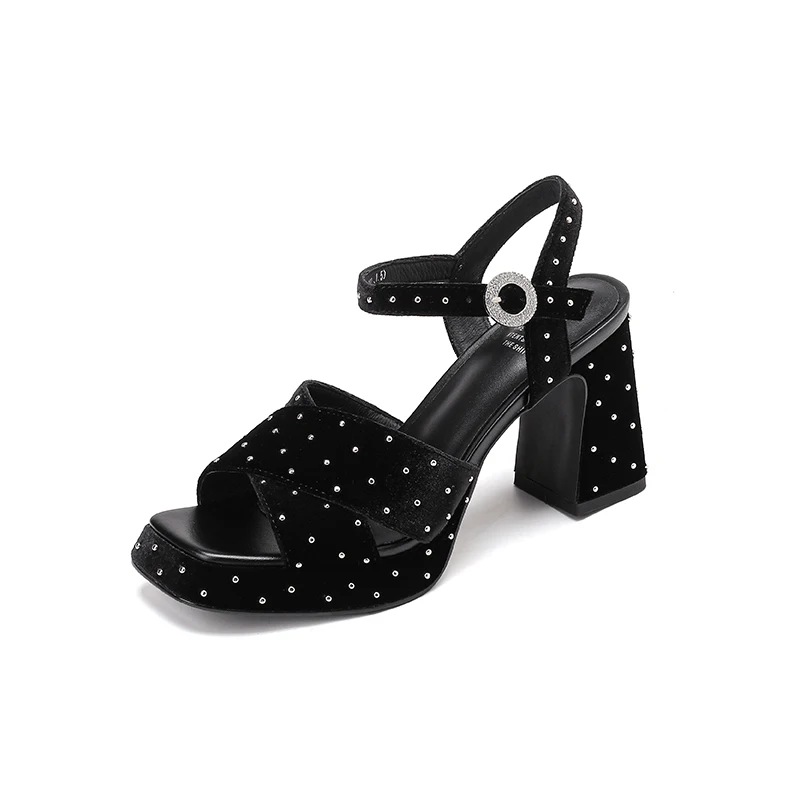 صنادل ذات كعب مكتنز من المخمل، تصميم مرصع، زيادة الارتفاع للنساء #6