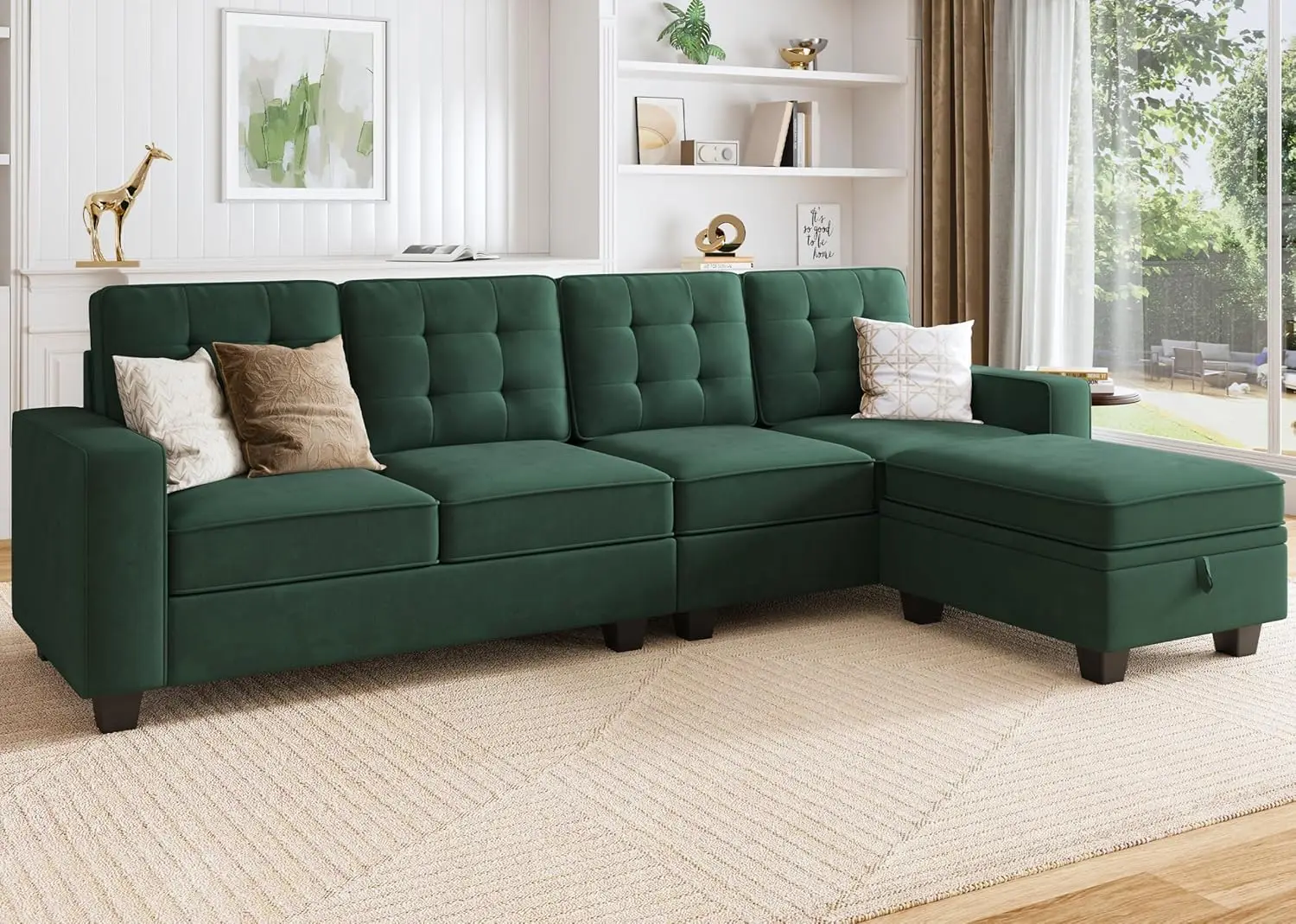 HONBAY L Shaped Sectional Couch Velvet 4-Seater Sectional Sofa with Reversible Chaise for Living Room,