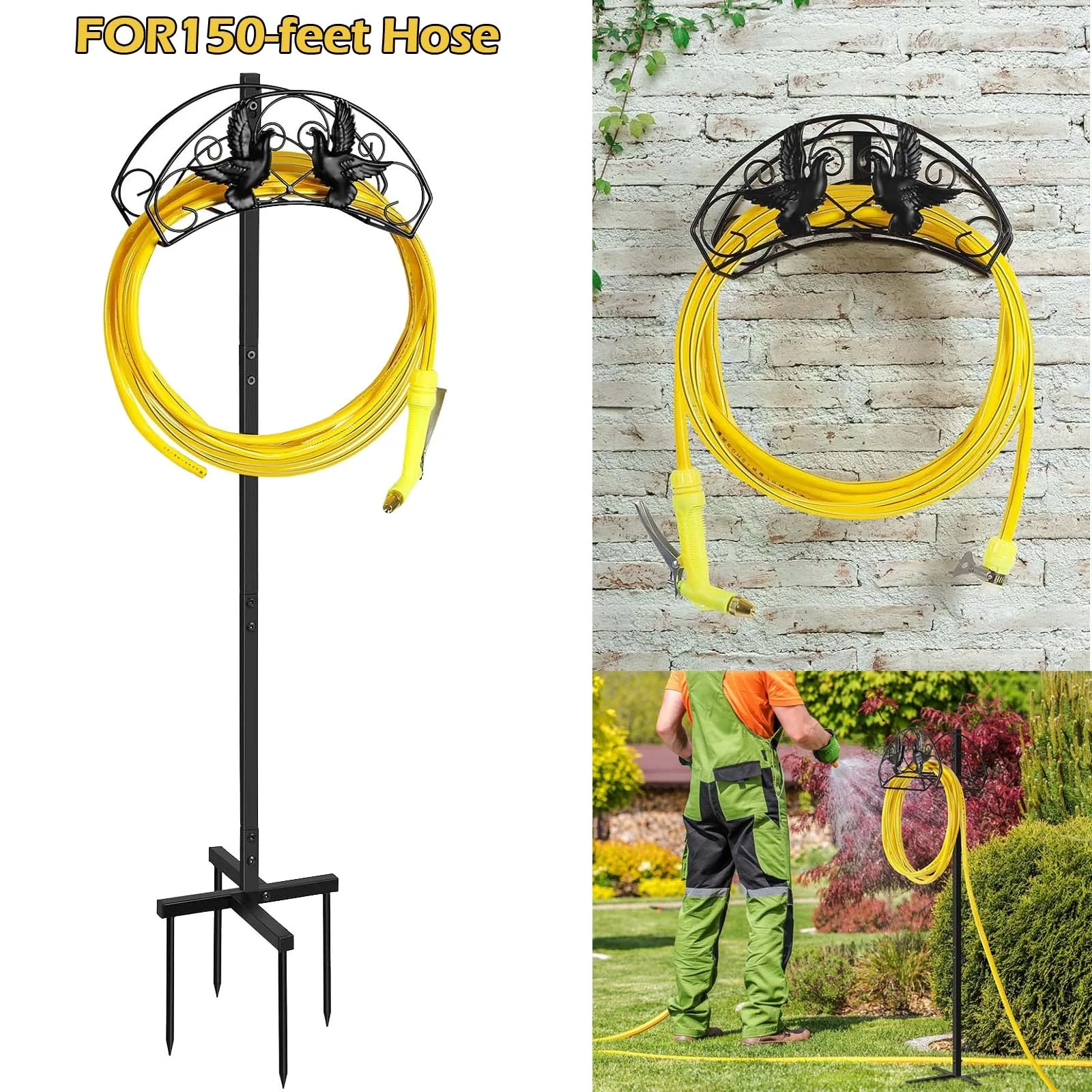 Garden Hose Holder Freestanding Water Hose Holders Detachable Metal Water Hose Reel with 4 Spikers Heavy Duty Garden Hose Stand