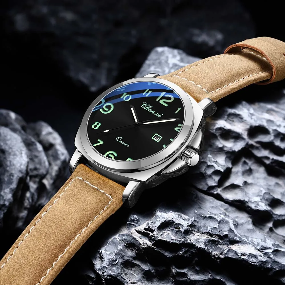 2025 고급 비즈니스 남성용 시계 가죽 밴드 큰 다이얼 남성용 쿼츠 시계 골드 방수 날짜 손목시계 남성용 선물 렐로지오