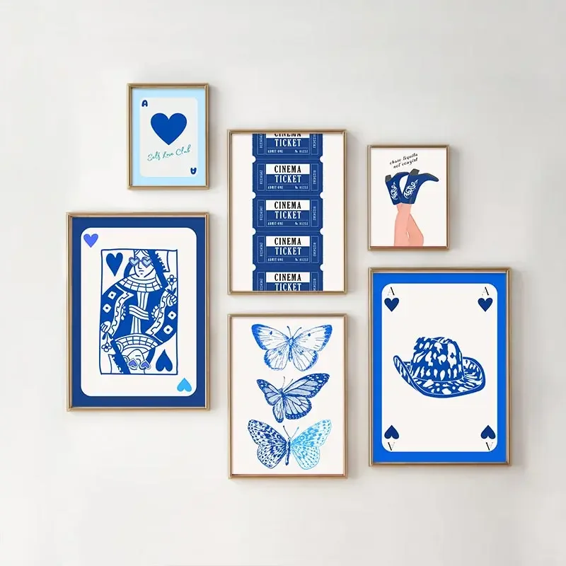 Blue Series Avant-garde Trend Poster Love Heart Cowboy Hat Cardboard Decorative Canvas Painting Personalised Bedroom Wall Art