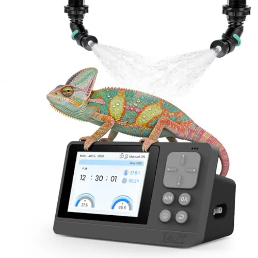 

Automatic Reptile Mister for Terrariums: Grey and Black Thermo-Hygrometer-Controlled Misting System with Adjustable Nozzles for