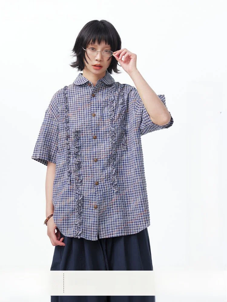 

Loose Bubble Shirt Women's Short Sleeve Plaid Hemmed Casual Style Saotome Brand Polyester Viscose Cotton Blend Summer Shirt