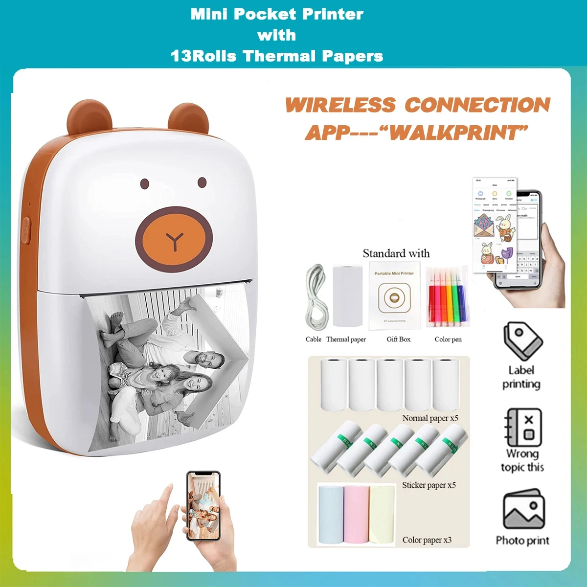Cute Bear HD Photo Printer Mini Drucker Thermal Adhesive Label Portable Inkless Bluetooth Multi-function Miniprint for Sticker