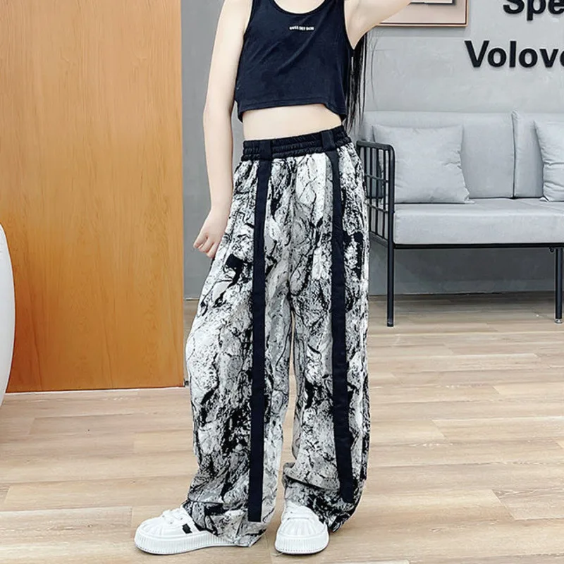 

Girls' Ice Silk Wide Leg Pants Summer Chinese Style Slim Floor-Mopping Pants Children's Fashionable Pants For Big Children