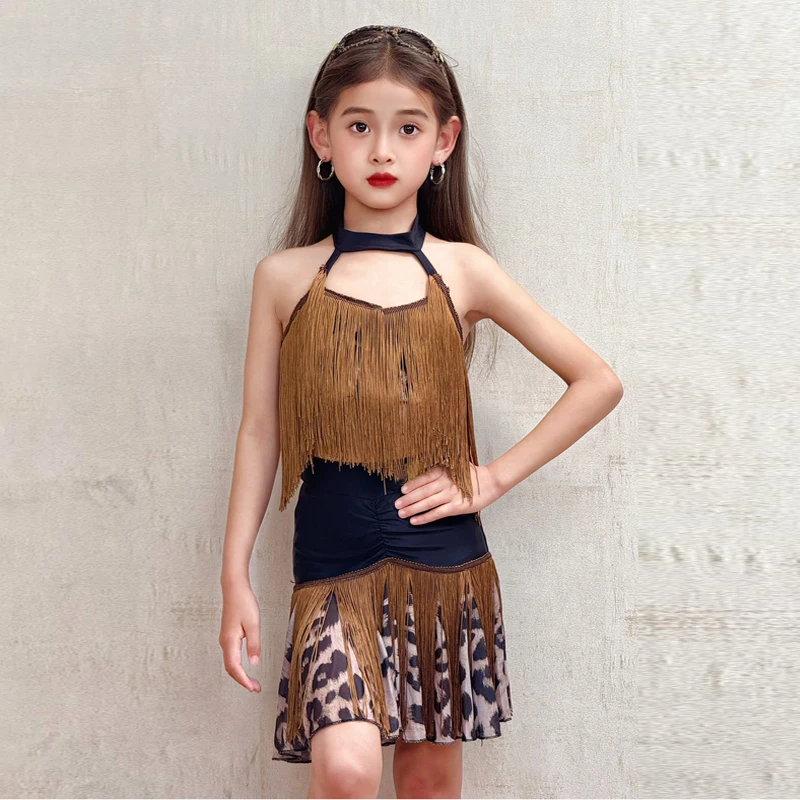 ヒョウ柄フリンジ付きラテンダンスドレス、子供用ラテンダンスパフォーマンス練習ドレス、女の子のファッショナブルなパフォーマンスドレス