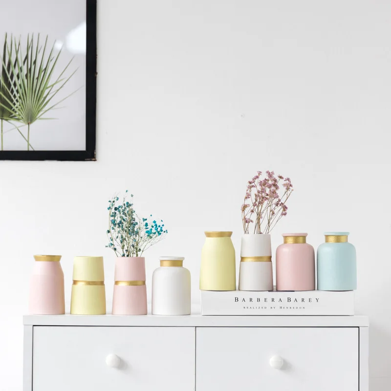 Matte Gold-Painted Ceramic Vase Simple Creative Home Decoration European Style Gold Thread  White Yellow Blue Coarse Cla...