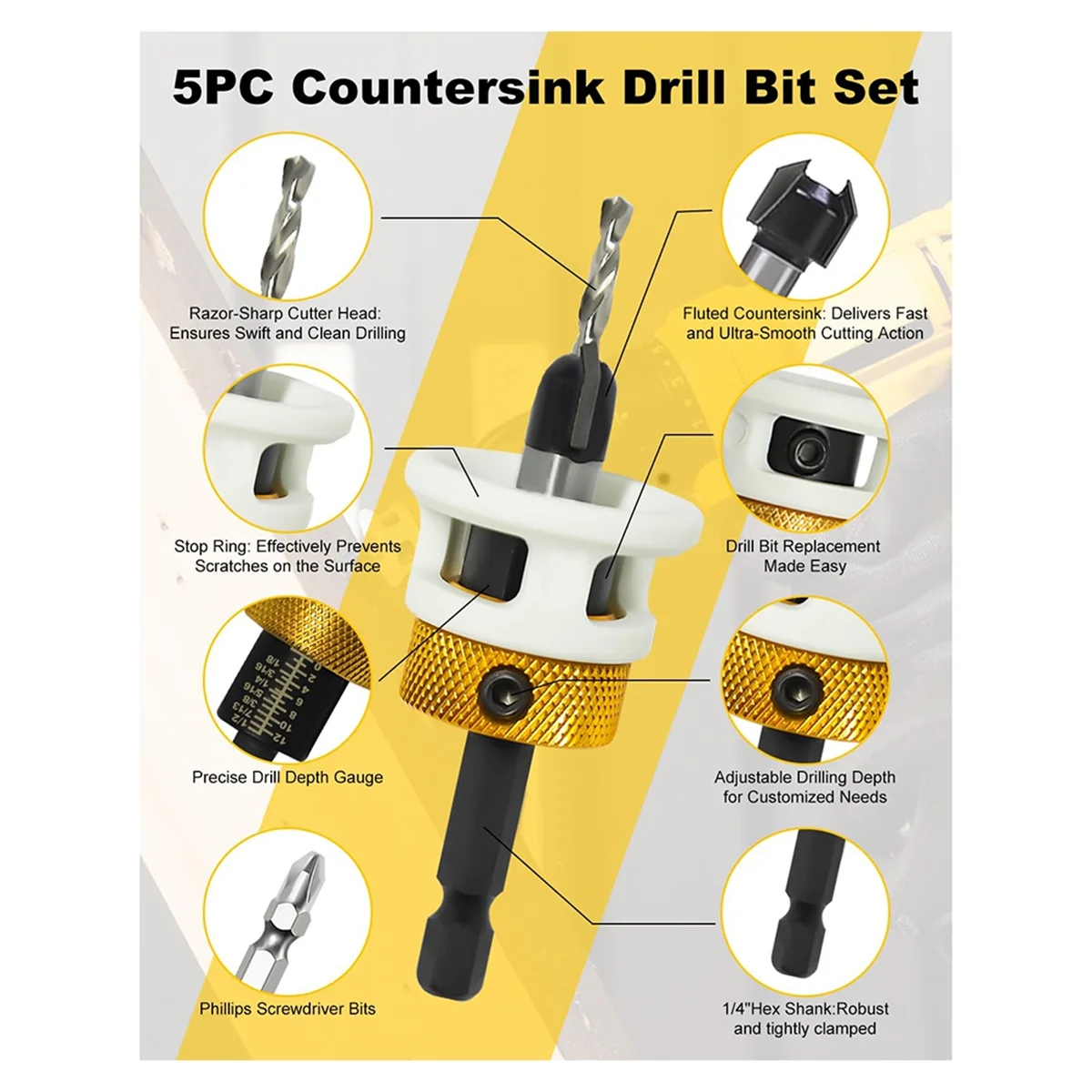 2025+ 5Pcs Hex Shank Countersink Drill Bits Set with Low Friction Depth Stop,1/4 Inch Quick Change Hex Shank Countersink Drill