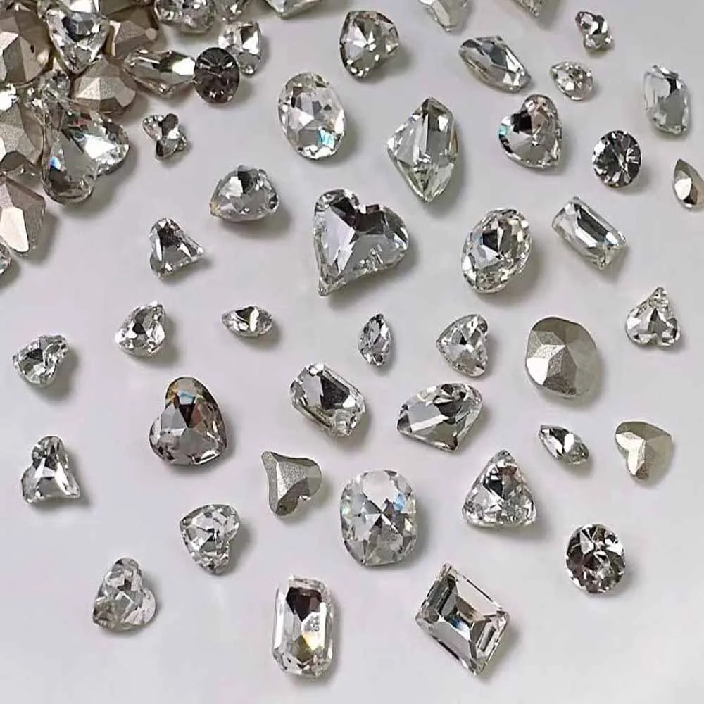 Strass de unha de zircônia branca brilhante, 50 peças, redondo/coração/oval/quadrado, glitter, cristal, fundo pontiagudo, diamante, suprimentos de decoração de unhas