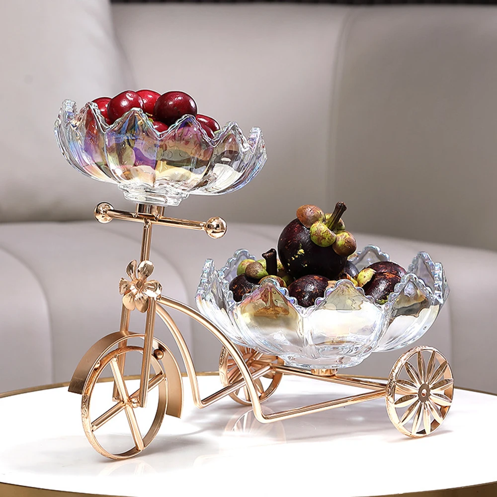 Creative Bicycle Fruit Tray Crystal Glass Tray Metal Frame Home Front Desk Coffee Table Personalized Candy Tray