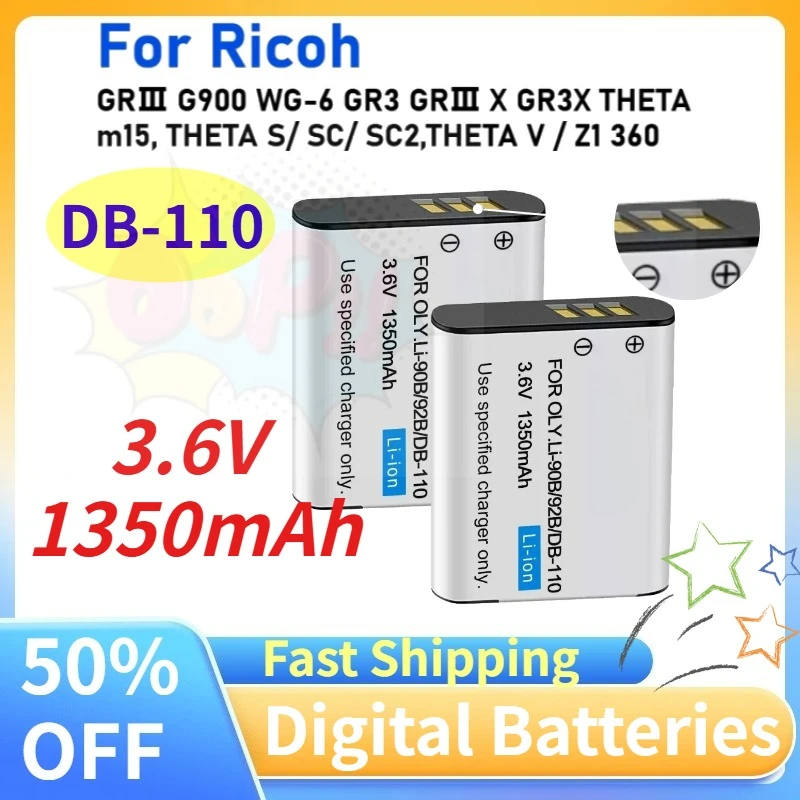 

DB-110 Battery For Ricoh GRⅢ G900 WG-6 GR3 GRⅢ X GR3X THETA m15, THETA S/ SC/ SC2,THETA V / Z1 3.6V 1350mAh 360 Spherical Camera