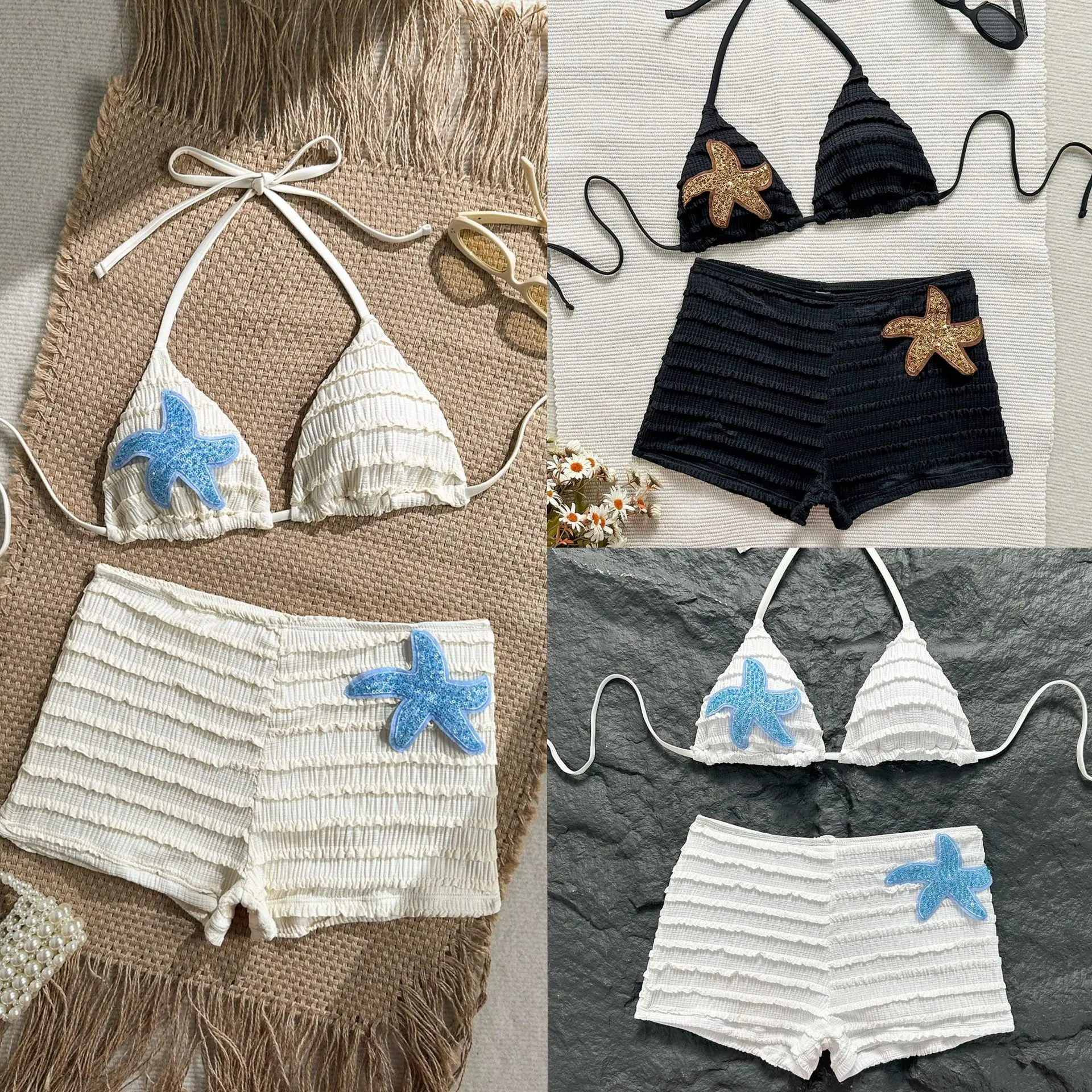 Women's Halter Triangle Bikini Sets Sequin Starfish Tie Back Tops with Shorts Bathing Suit