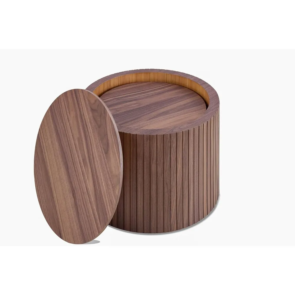 Set Meja Kopi Kayu Modern Bentuk Lingkaran dengan Penyimpanan untuk Ruang Tamu, Finishing Walnut (2 buah)