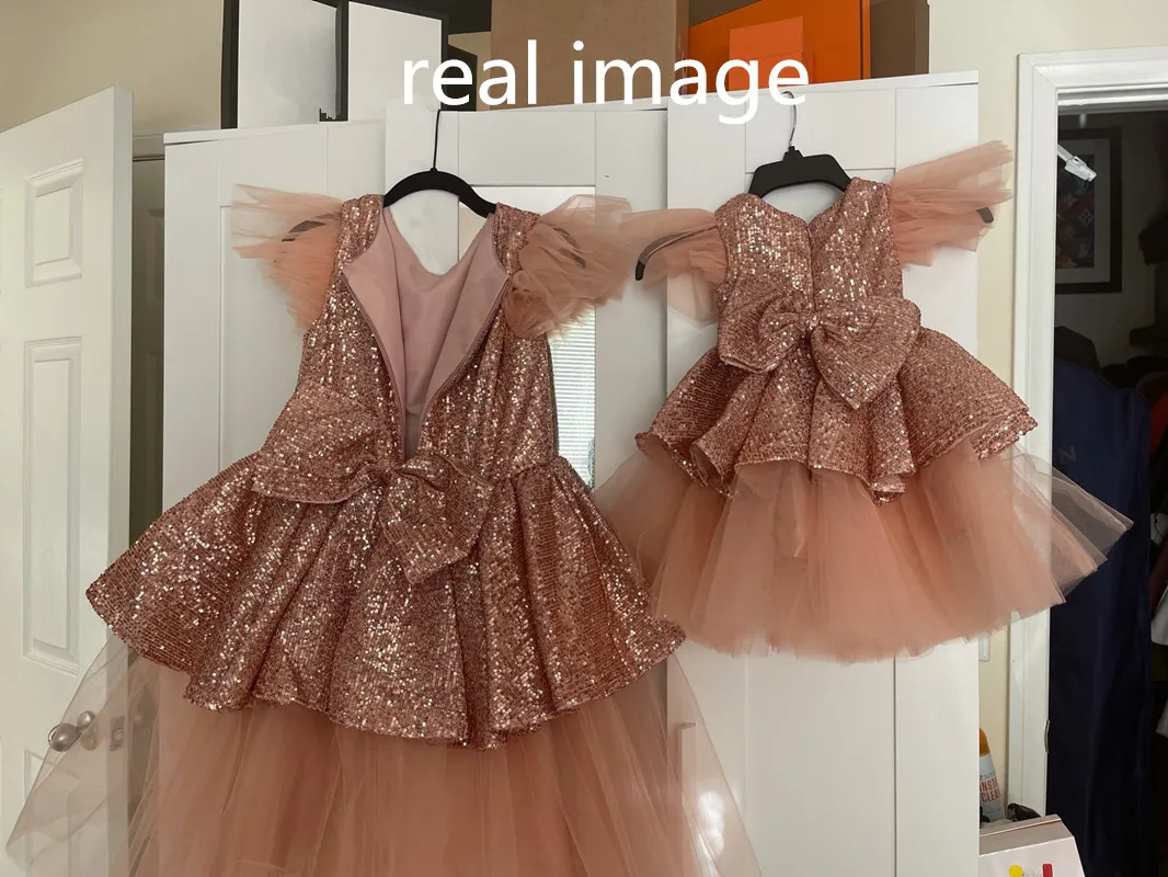 Vestidos de lentejuelas brillantes para niñas, vestidos de bebé, lazo de lentejuelas, capa de tul, vestidos de flores brillantes, vestidos de cumpleaños para niñas, Año Nuevo