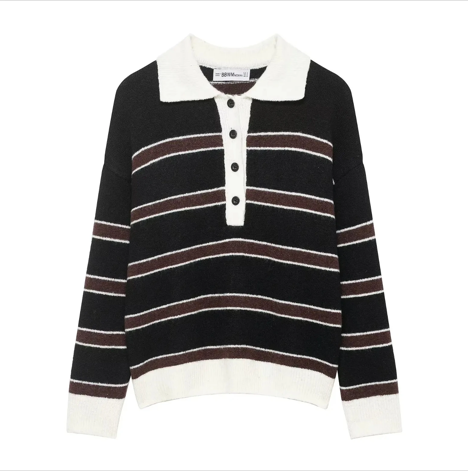 

Woman Spring Fashion Long Sleeves Polo Collar Single Breasted Striped Decoration Sweater Female Casual Warm Knitted Tops