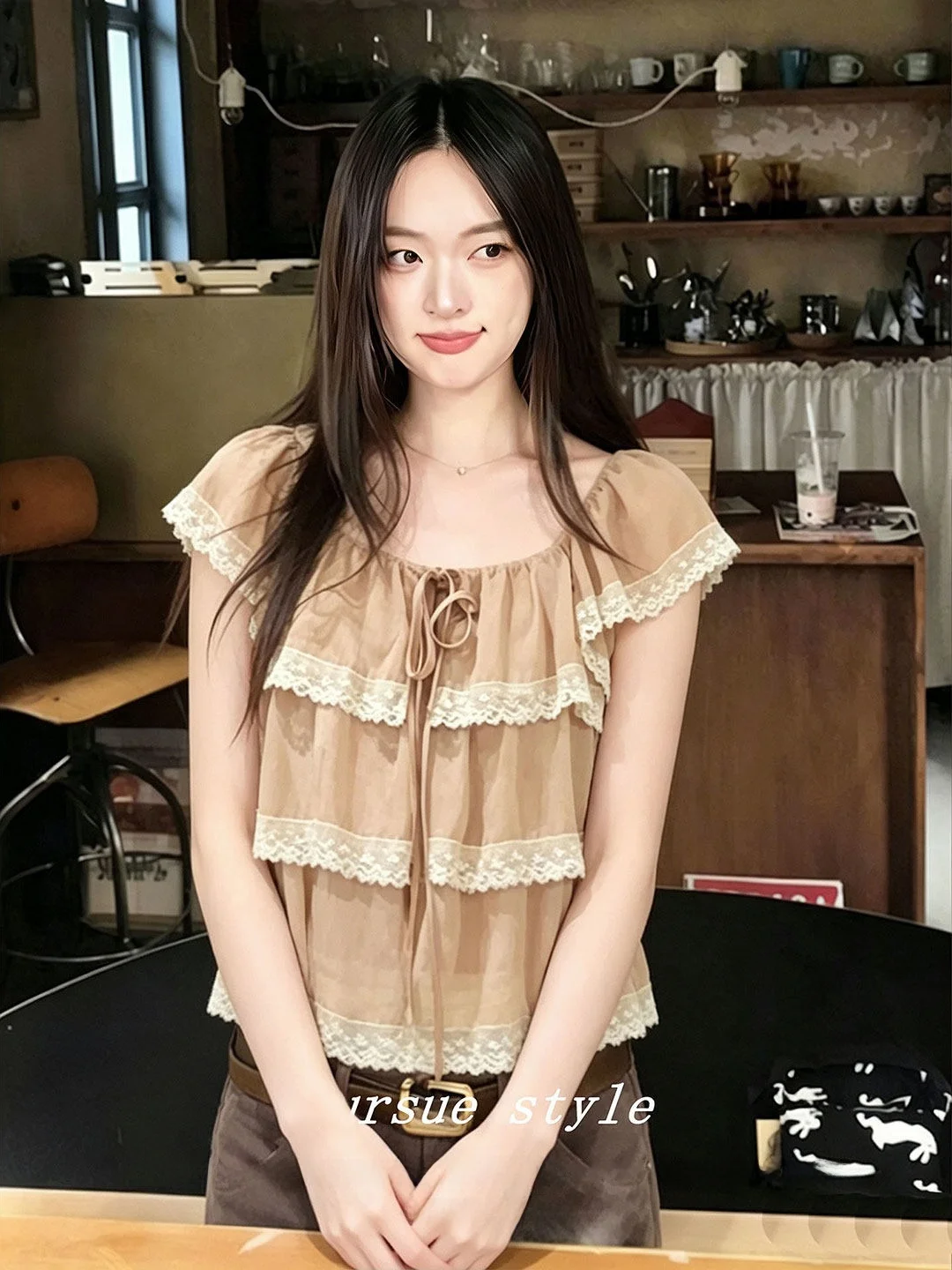 

Elegant Lace Doll Shirt Women's Summer Chiffon Top Fashionable Little Fly Sleeve Cleanfit Loose Short Sleeve Breathable Skin-...