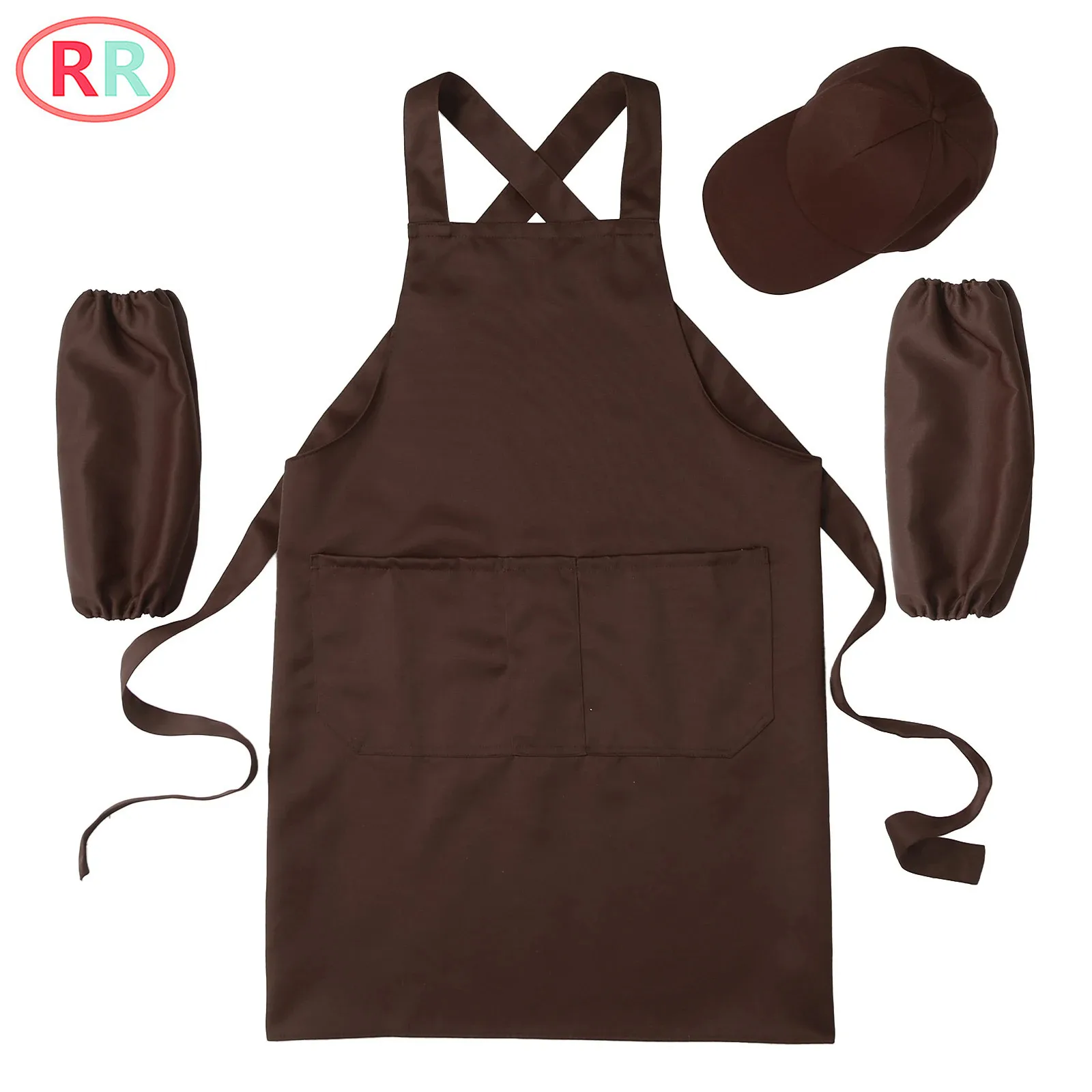 

Fashionable Solid Color Apron Hat Oversleeves Three Piece Set Catering Supermarket Milk Tea Shop Work Costume Accessory