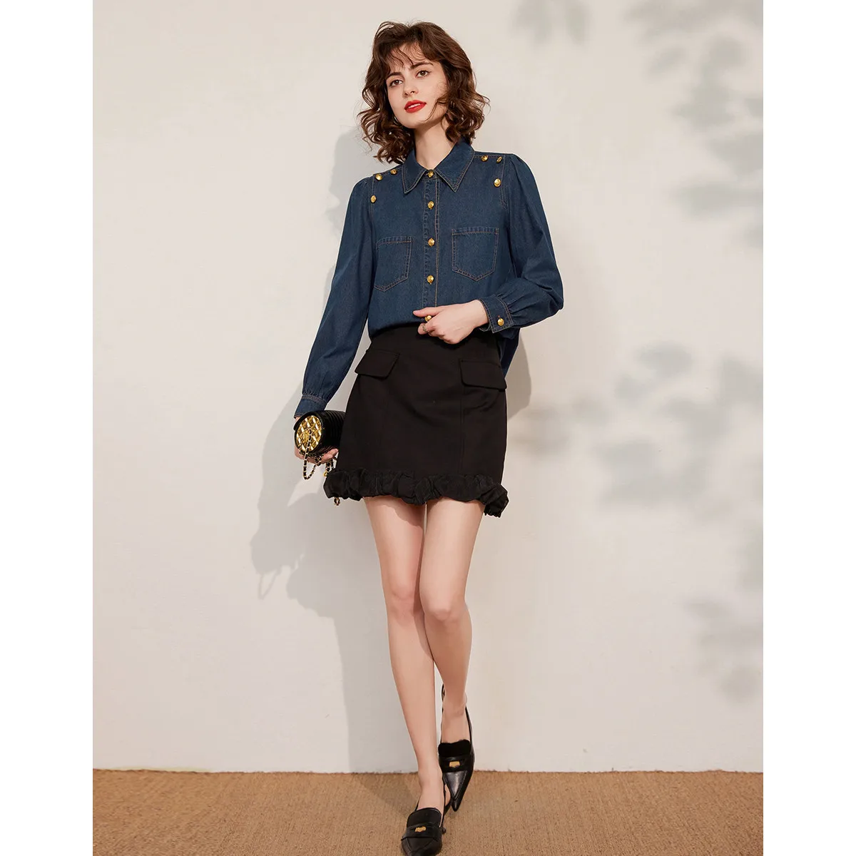 LOUIS YAO New Buttons Decorated Denim Shirt 2025 Spring Fashion Casual Loose Collar Long-sleeved Women's Shirt Jeans Tops