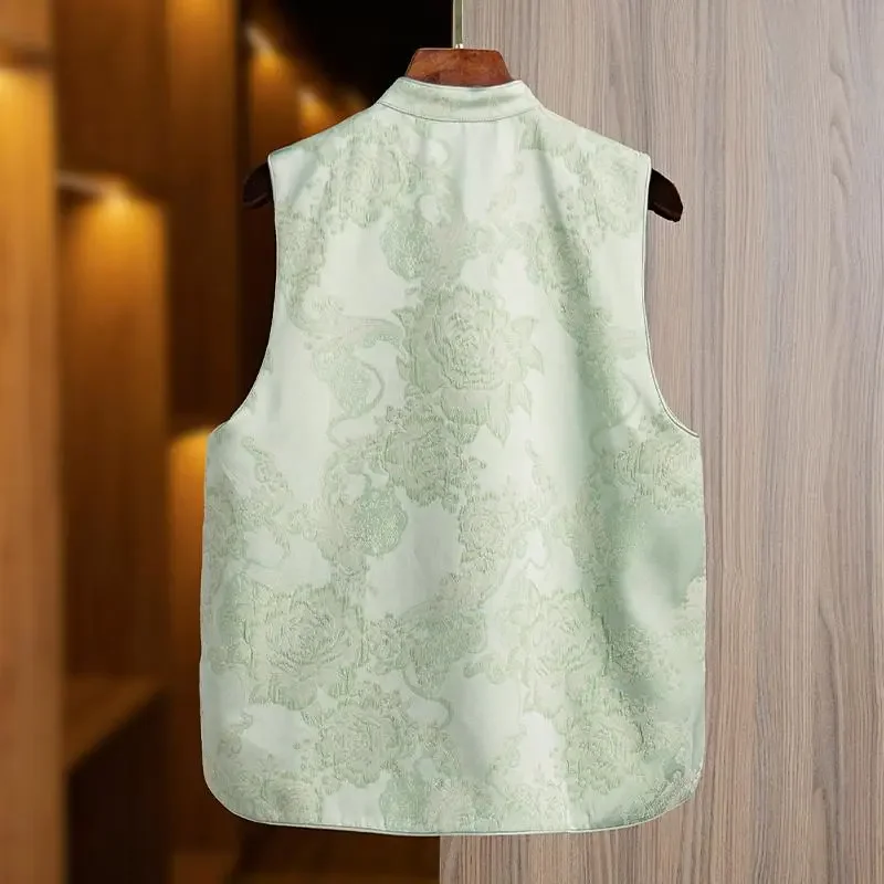 Chinese Style Jacquard Vest For Women Stand Collar Sleeveless Loose Casual Waistcoat