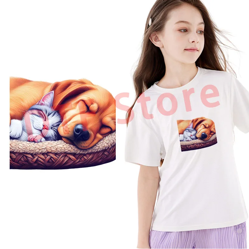 Sleepy little dog and kitten Iron On Patch Heat Transfer Printing On Children\'s clothing dtf iron on heat transfer for clothing