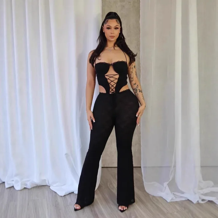 

New Arrival European and American Women's Sexy Lace Jumpsuit with Halter Neck, Tie Detail and Lace Long Pants