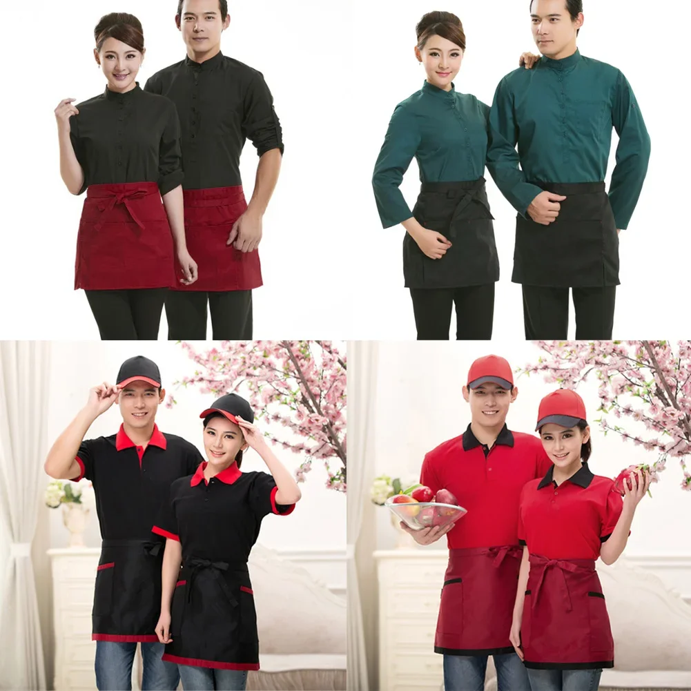 4 Style Universal Unisex Half Bust Bib Apron Restaurant Kitchen Coffee Tea Shop Waitress Uniforms Waist Short Apron With Pockets