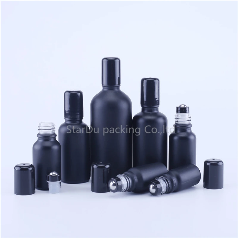 

100pcs/lot 5ML 10ML 15ML 20ML 30ML 50ML 100ML Frosted Matte Black Essential Oil Roller Glass Bottle With Steel Ball