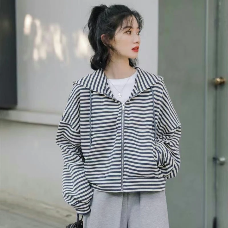 Women's Hoodie Spring Autumn Thin Loose Large Size Fashion Striped Jacket Zipper Sports Open Cardigan Trendy Top