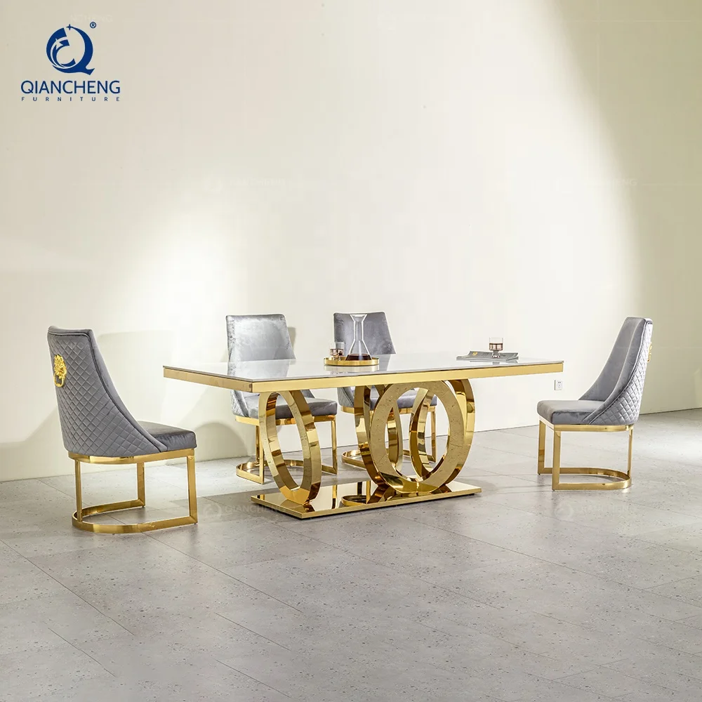 China furniture marble dinning room table set metal chrome stainless steel silver grey luxury minimalist dining table 8 seater