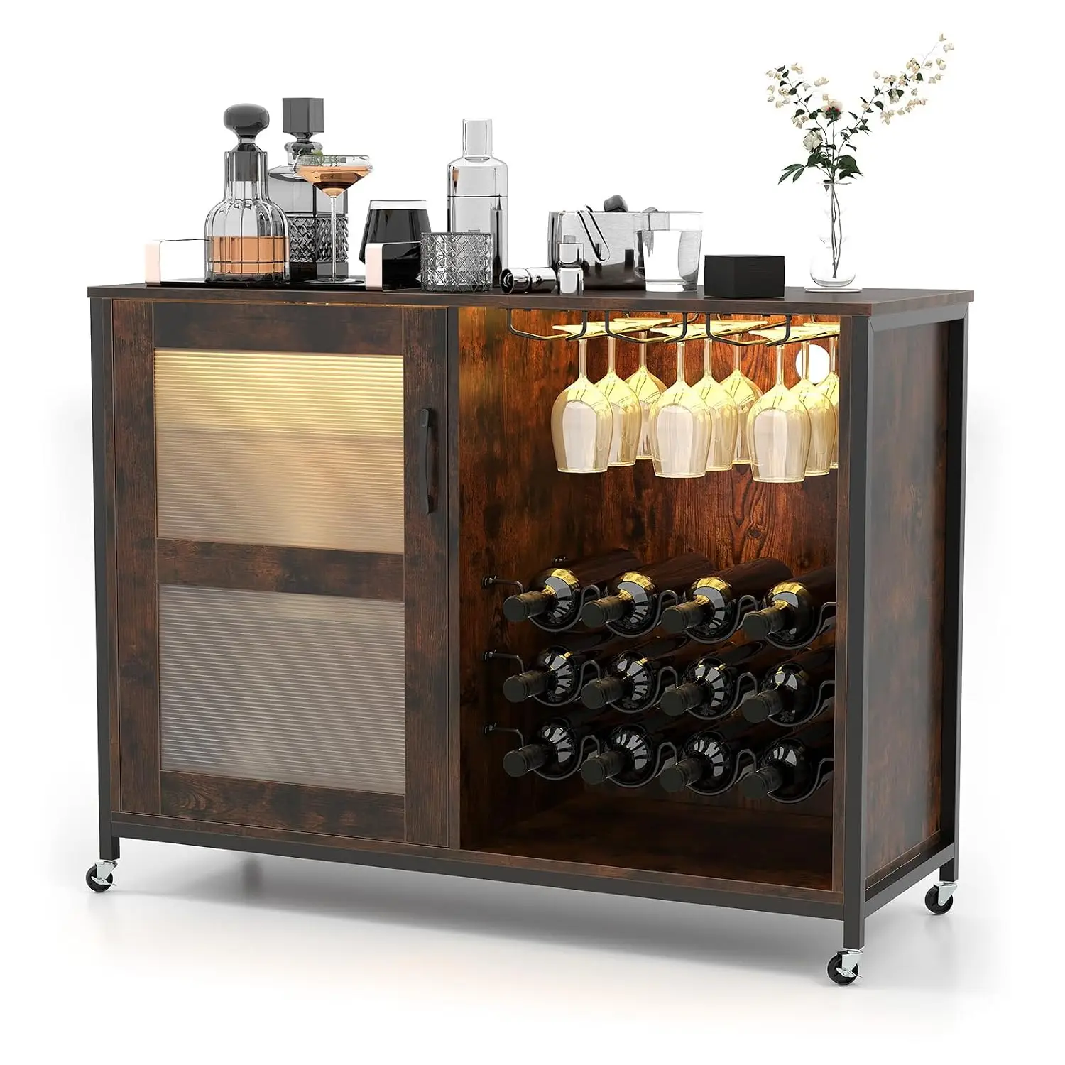 Wine Bar Cabinet with Wheels & LED Lights, Rolling Sideboard with Wine Rack & Glass Holder for Kitchen Living Room,  Customized