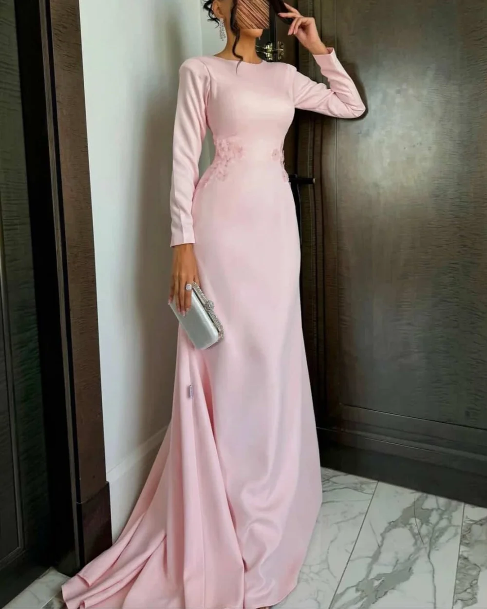 

Customized Elegant Classic Women Jersey Handmade Flower Pleat Mermaid Evening Dress O-Neck Long Sleeves Floor Lenght Party Gown