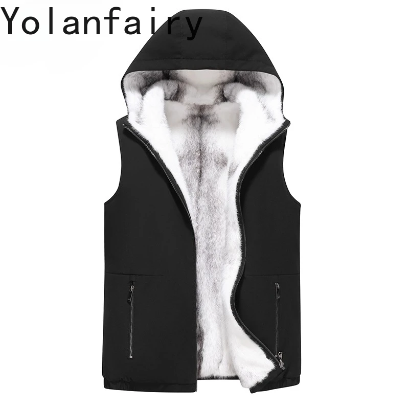 YOLANFAIRY Imported Whole Mink Fur Jacket Men Winter Double-sided Wearing Luxury Mink Vest Cross Mink Liner Hooded Waistcoat