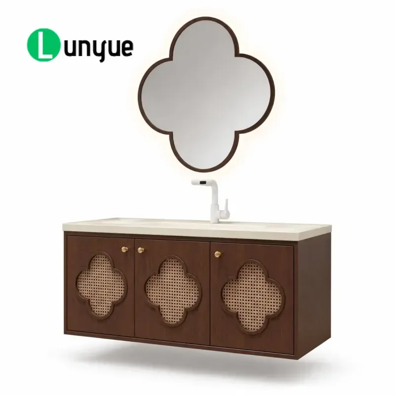 Custom Four Leaf Clover Oak Bathroom Cabinet with Ceramic Basin Smart Mirror Vanity Unit Modern Washbasin Storage for Home
