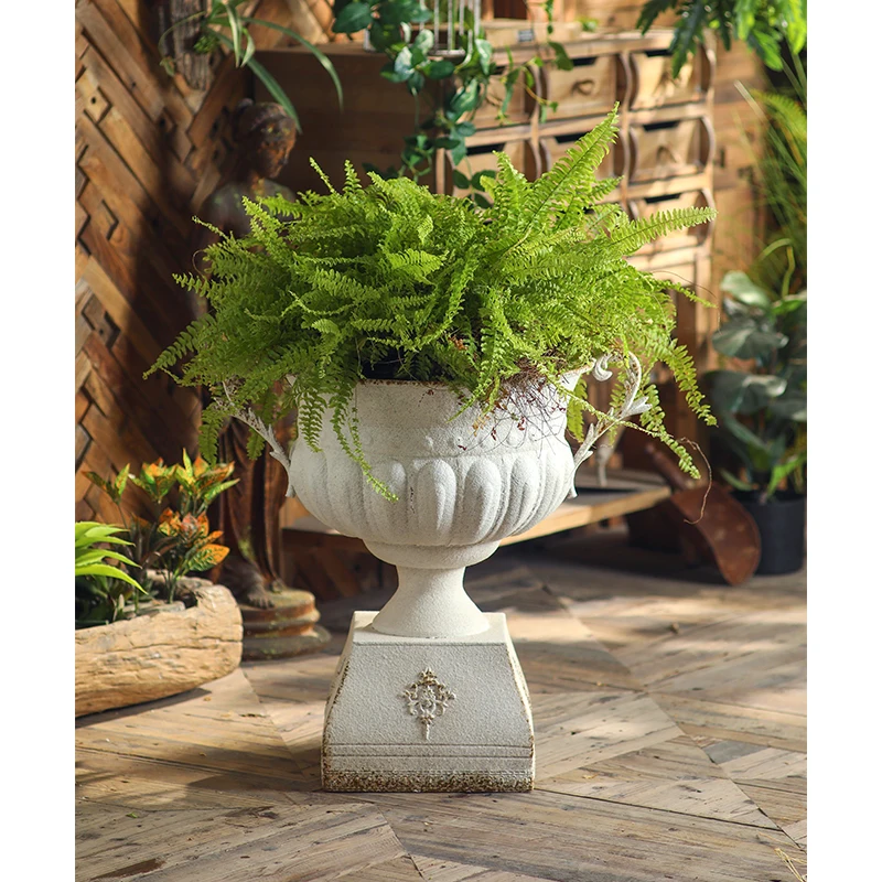 French Country Pedestal Urn Planter, Distressed White Iron Garden Vase, European Estate Decor, Large Trophy Bowl