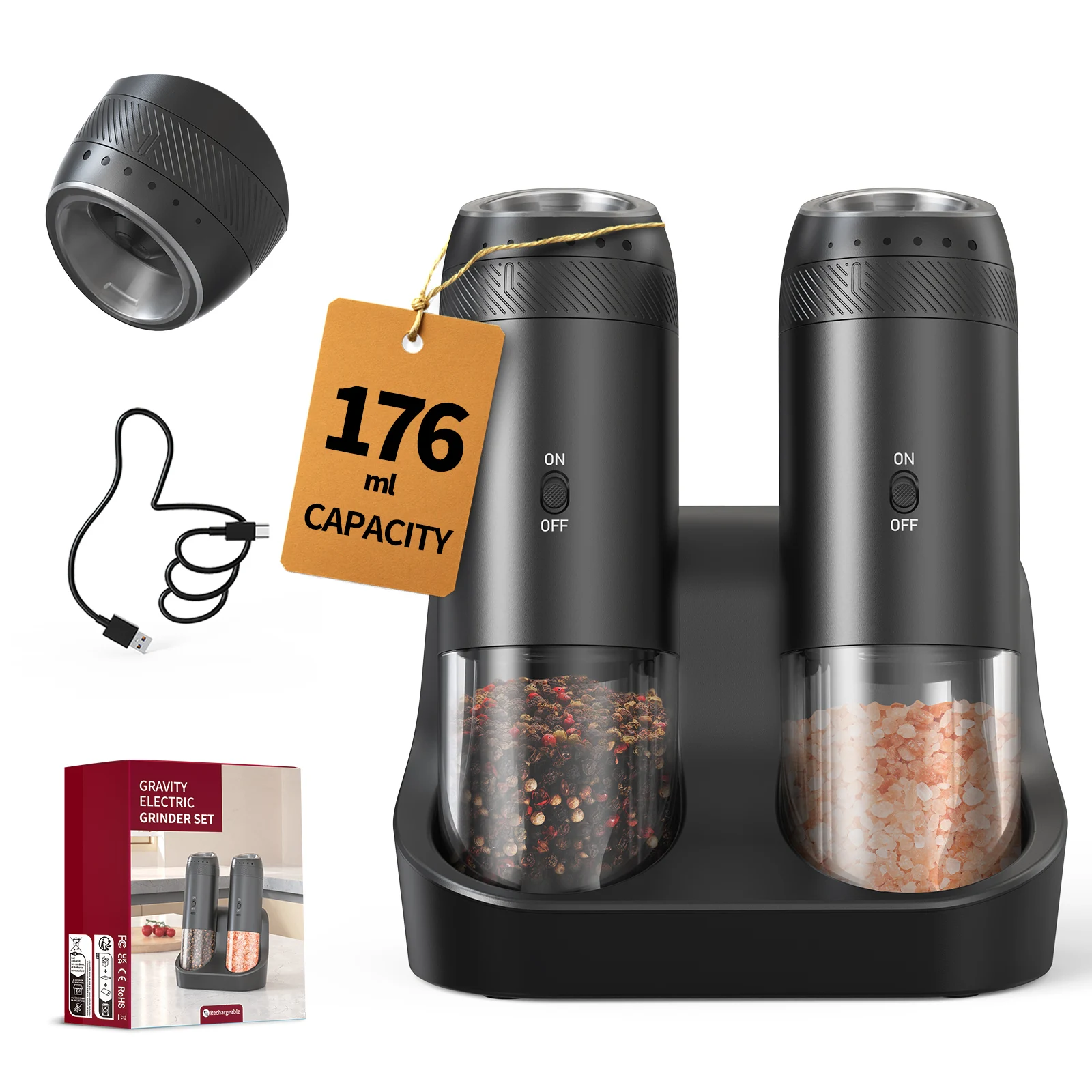 

Smart Automatic Salt Pepper Grinder Set USB Charge Gravity Control Mill with LED Adjustable Grinding Coarseness Kitchen Tool Set