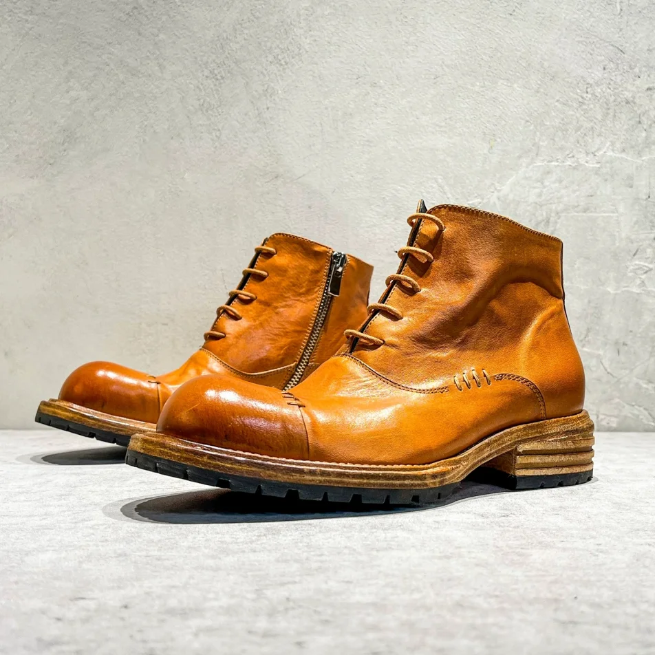 

New Goodyear Handmade Retro Boots Men's Genuine Leather High Top Side Zip Work Boots