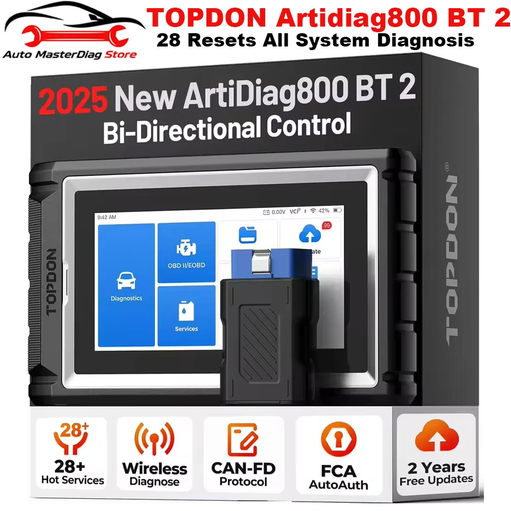 TOPDON Artidiag800 BT 2 Car Diagnostic Tools Auto OBD2 Scanner All System CAN FD/DOIP Active Test 28 Reset Code Reader AD800BT 2