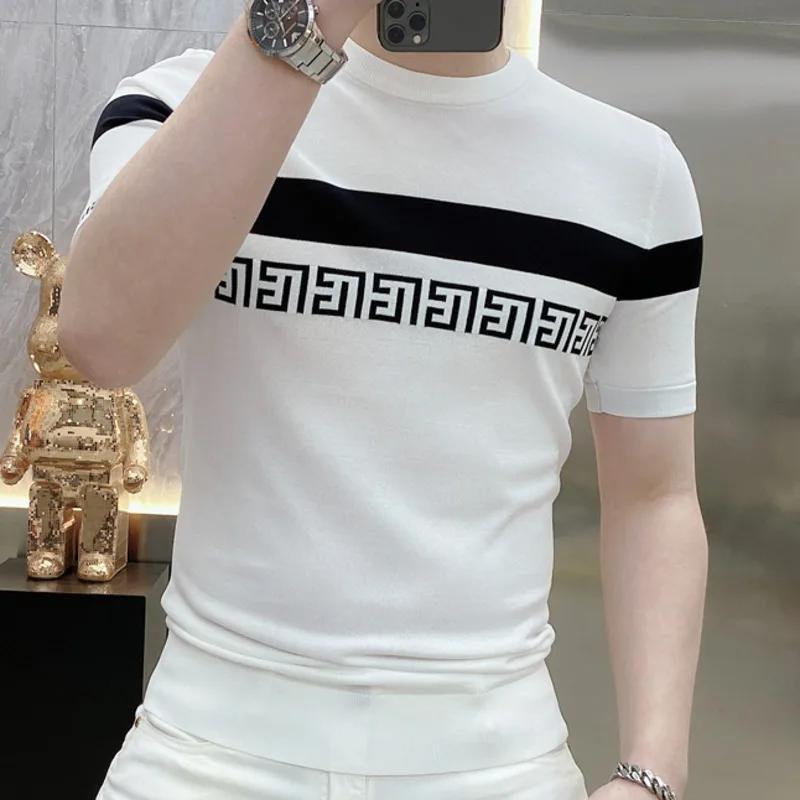 Knitted Short Sleeved Men\'s 2023 Summer New Striped Jacquard Slim Fitting Thin Round Neck Versatile Half Sleeve Ice Silk T-shirt