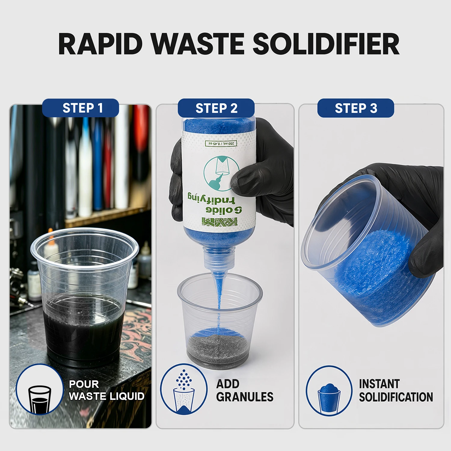 Rapid Liquid Solidifying Particles 250ml High Capacity Liquid Waste Treatment Material For Tattoo Artist Workspace Maintenance