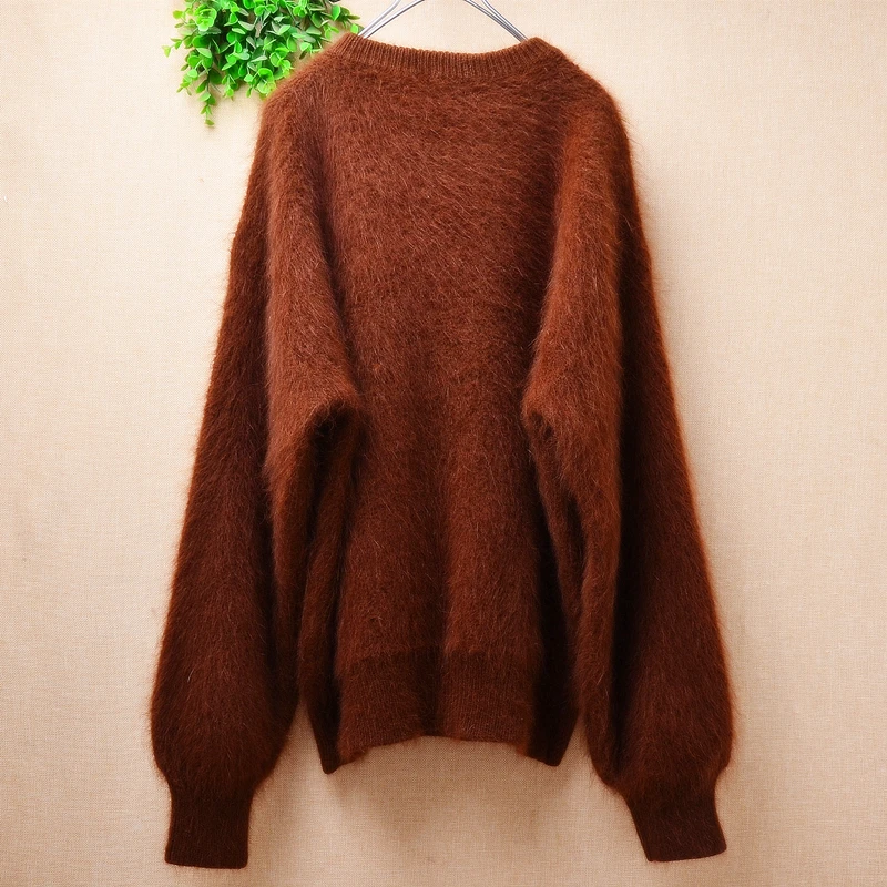 Female Women Autumn Winter Brown Hairy Mink Cashmere Knitted Long Sleeves O-Neck Loose Pullover Angora Fur Jumper Sweater Jumper